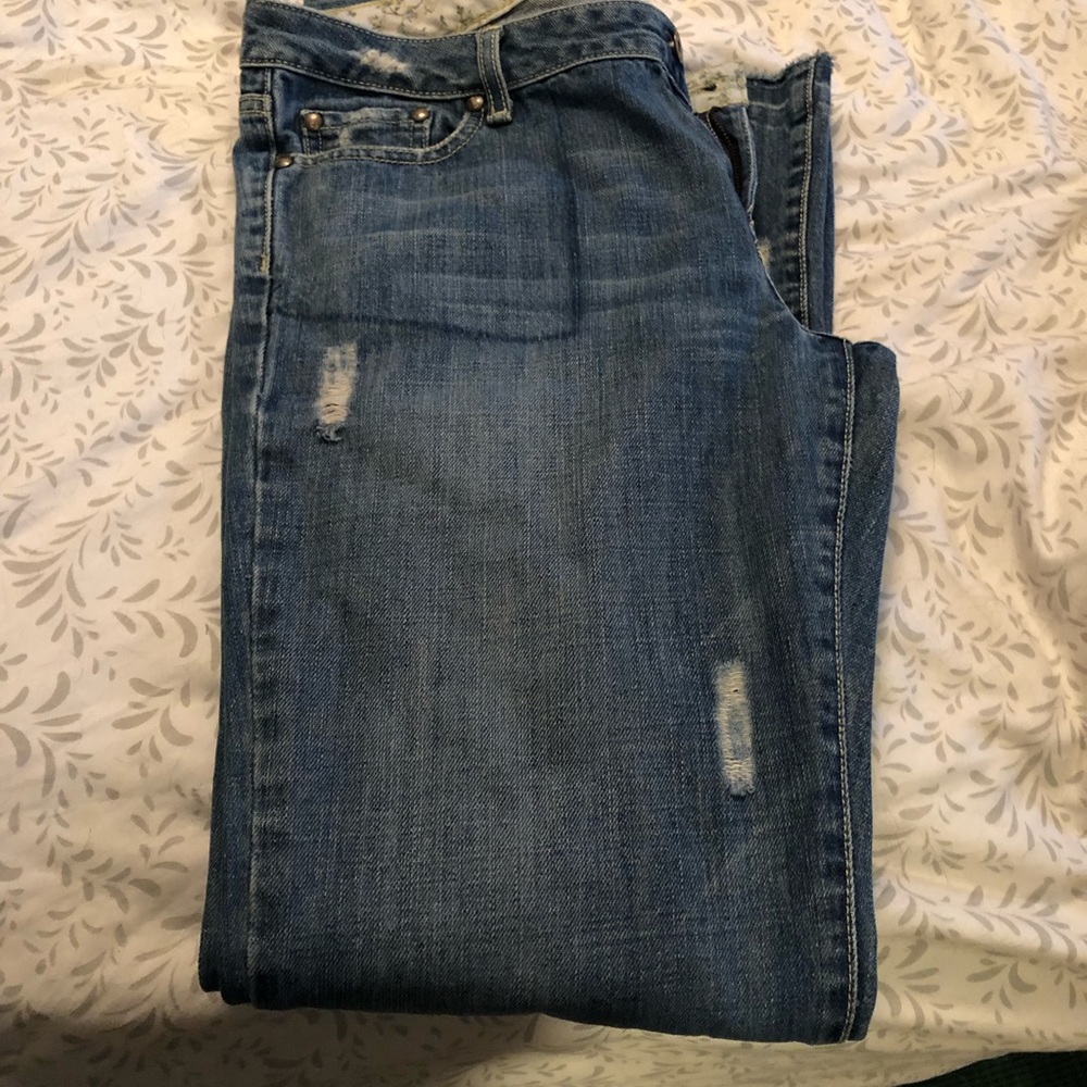 Old Navy boot cut jeans. Slight distress.